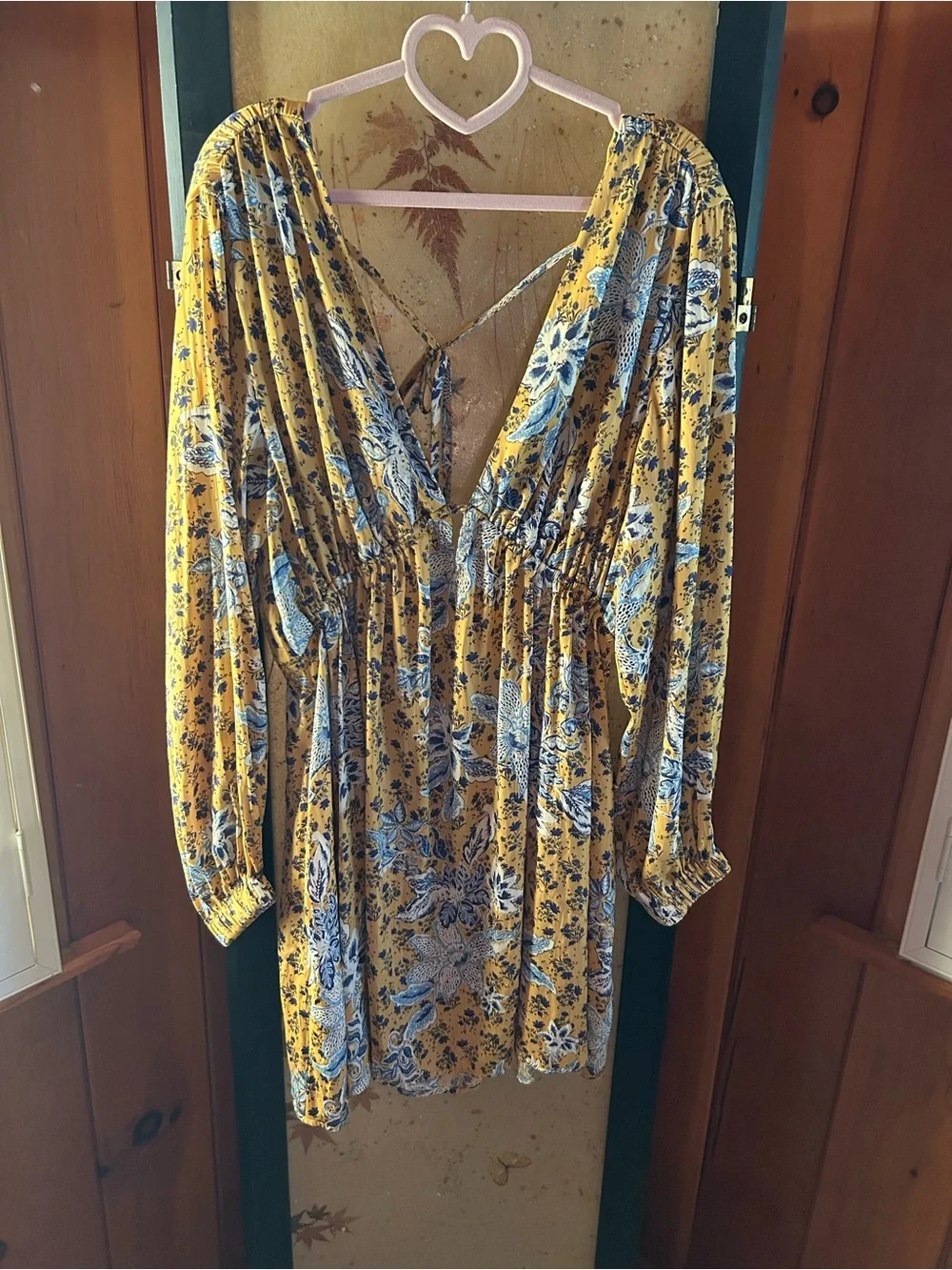 Free People Floral Yellow V-Neck Long Sleeve Dress